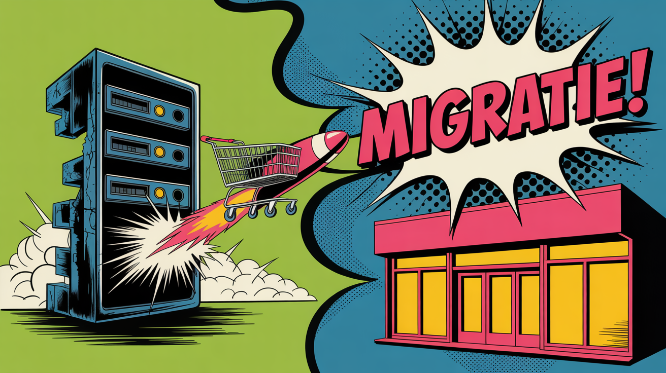 Pop art illustratie van Magento naar Shopify migratie met KABOOM tekst