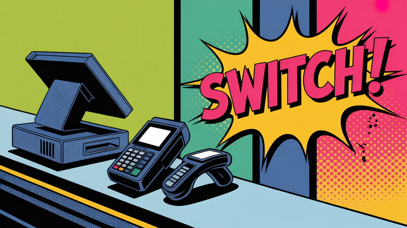 Pop art illustratie van kassasysteem migratie van Lightspeed Retail naar Shopify POS