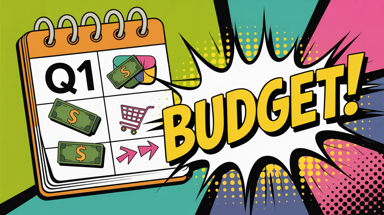 Pop art illustratie met BUDGET tekst in comic style - Magento naar Shopify Plus migratie Q1