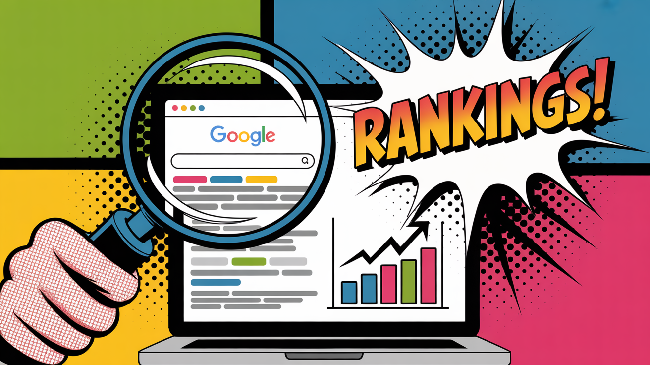 Pop art illustratie met RANKINGS! tekstbubbel over Google rankings behouden bij Shopify migratie