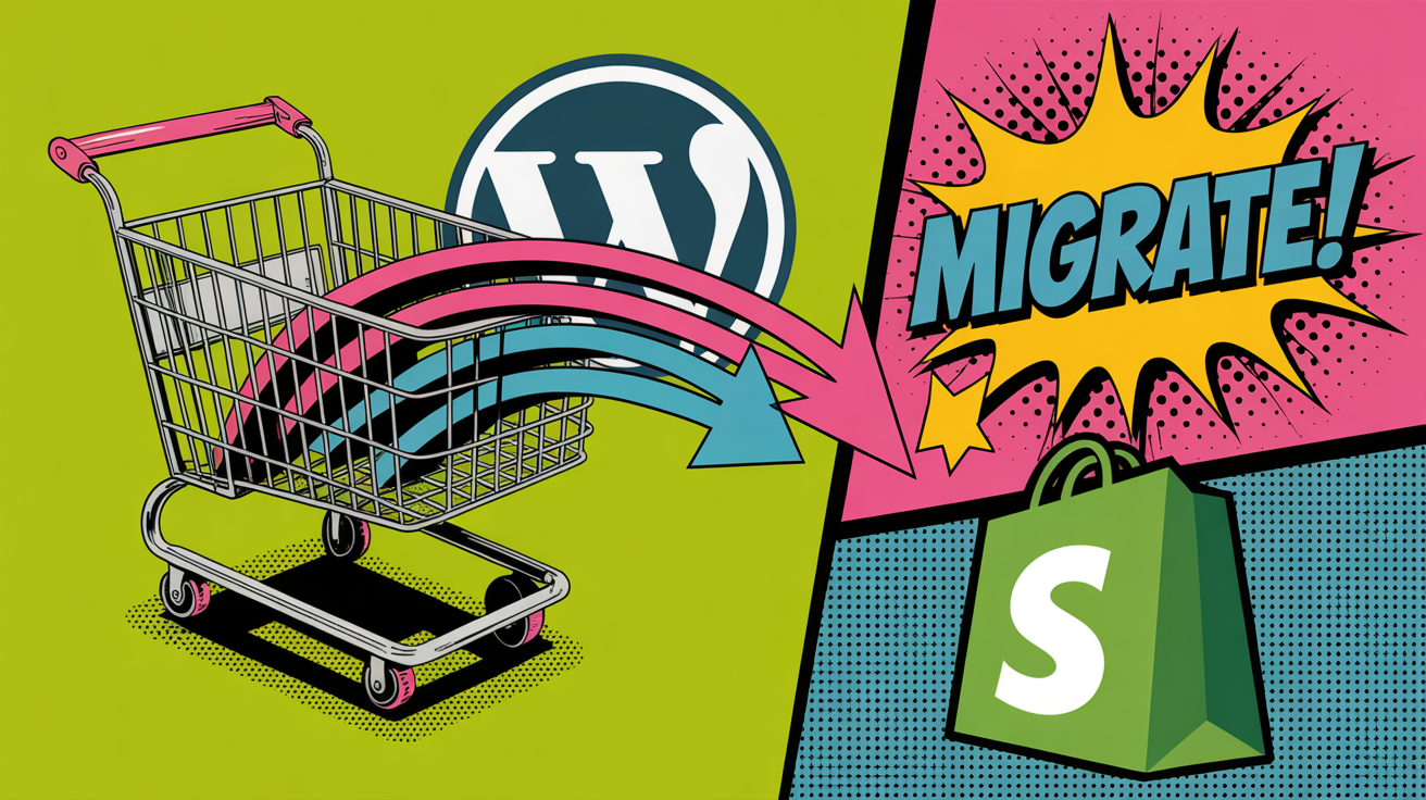 Pop art illustratie van WooCommerce naar Shopify migratie met MIGRATE tekst