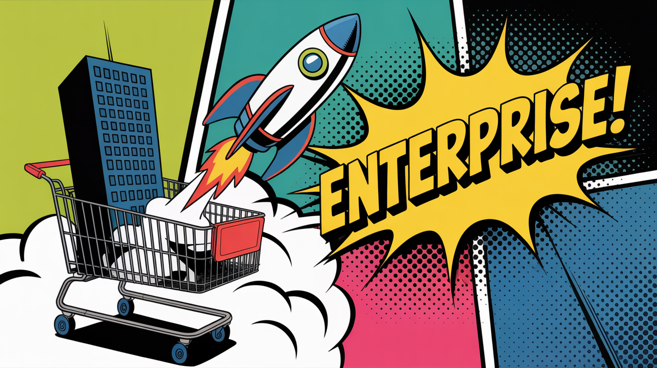 Pop art illustratie van een raket die lanceert vanuit een winkelwagen - enterprise e-commerce migratie