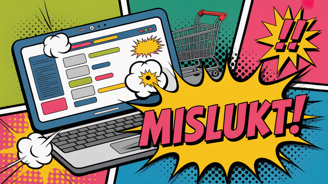 Pop art illustratie van een mislukte webshop migratie met KABOOM tekst