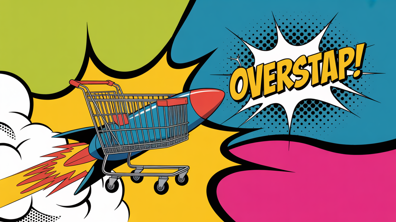 Pop art illustratie van Lightspeed C Series naar Shopify migratie met OVERSTAP tekst